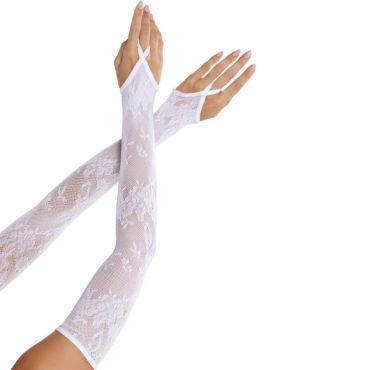 LEG AVENUE GUANTES EXTRALARGOS CALIENTABRAZOS DE ENCAJE FLORAL BLANCO